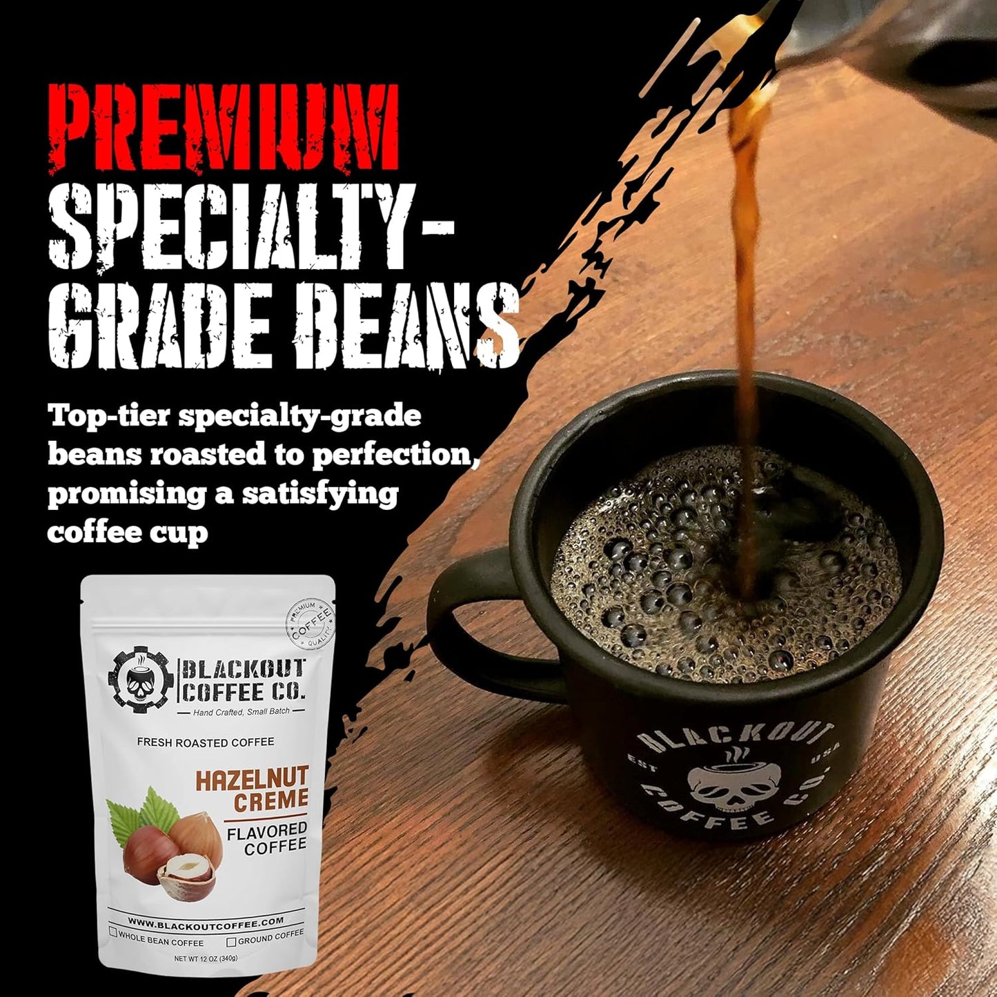 Blackout Coffee Hazelnut Creme Flavored - Freshly Roasted in the USA - 12 oz Ground Coffee Pouch