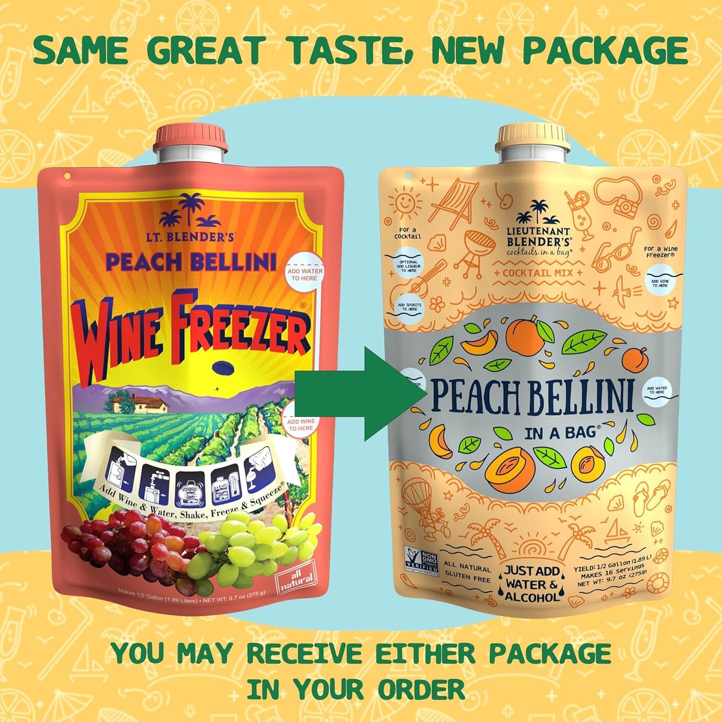 Lt. Blender's Peach Bellini in a Bag - Wine Slushie Mixes - Each Bag Makes 1/2 Gallon of Frozen Peach Bellini Mix – Non-GMO Wine Freezer mix - Make with Wine, Liquor or as a Mocktail - (Pack of 4)