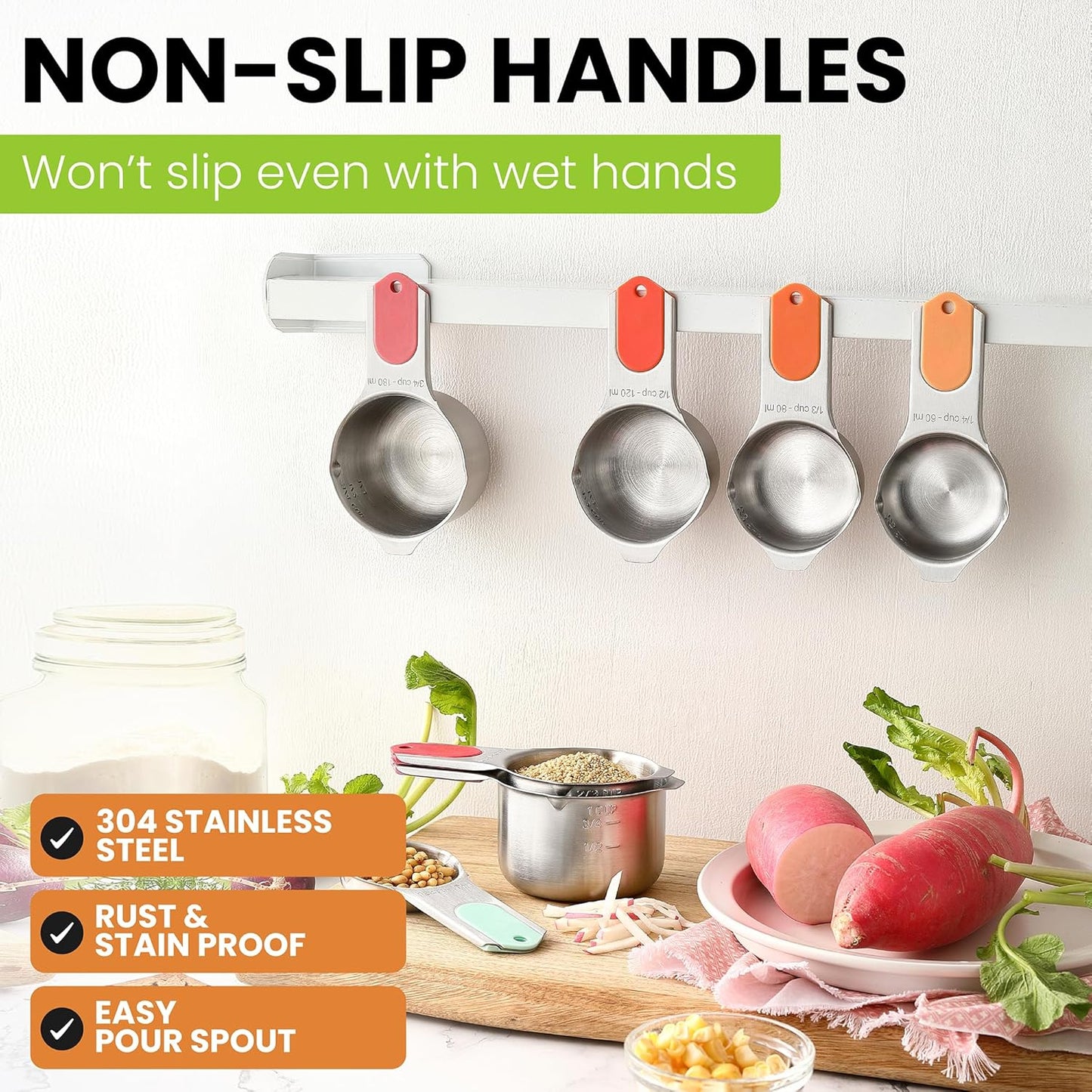 Spring Chef Magnetic Stainless Steel Measuring Cups (Patent Pending), Kitchen Tools with Easy to Read Markings for Measuring Dry or Liquid Ingredients, Set of 7, Desert Sunset