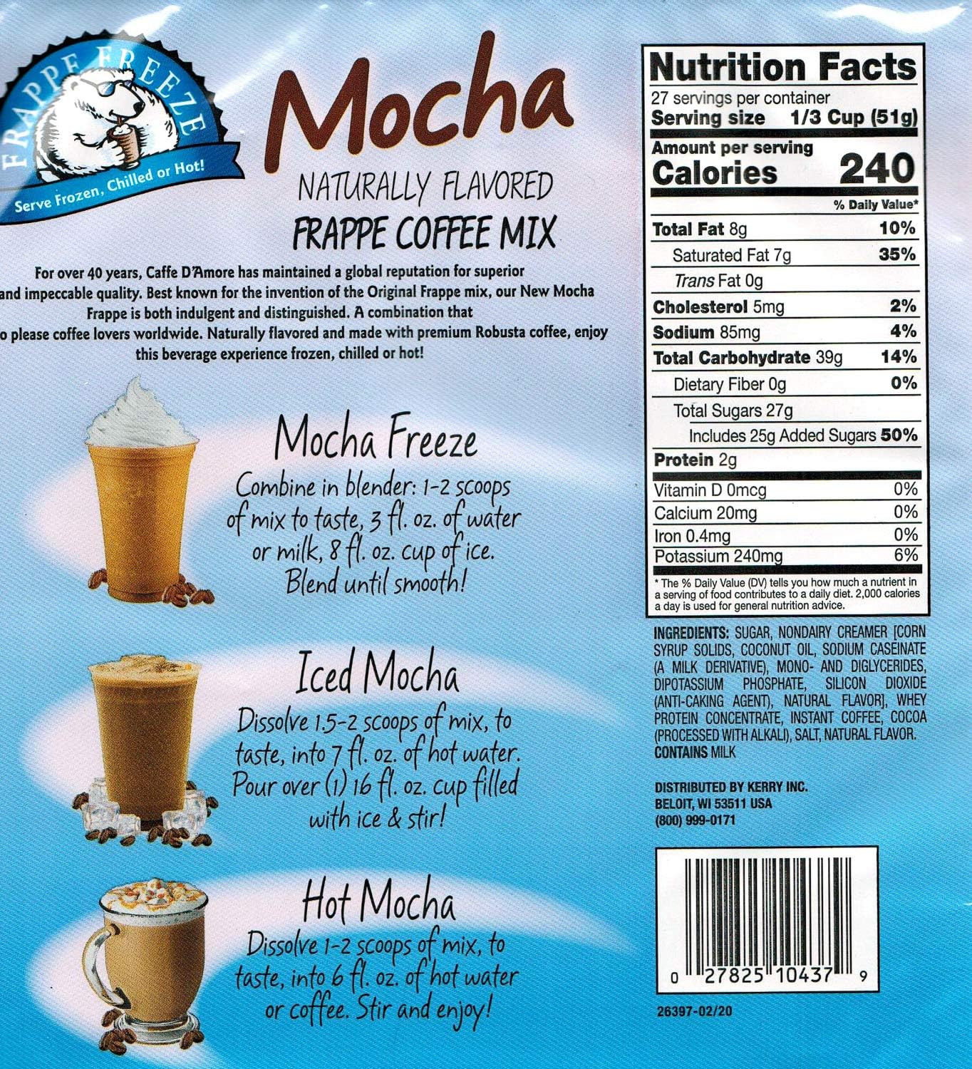 DaVinci Gourmet Frappe Freeze Frappe Coffee Mix, Mocha, 3 Lb Bag, 27 Servings