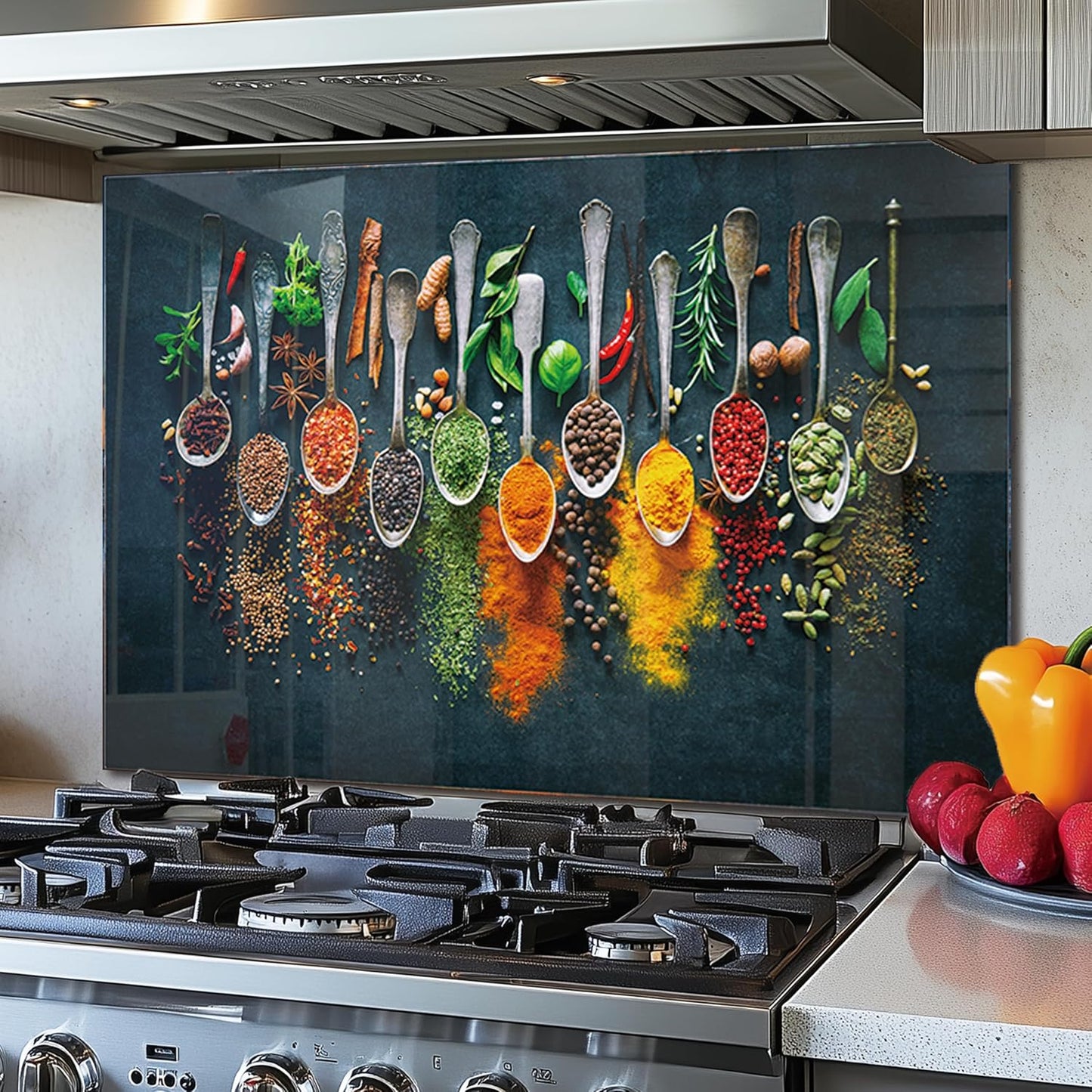 DAIFURONGE Tempered Glass Stove Backsplash Panel - Artistic Spice Design | Heat-Resistant Splash Guard, Kitchen Wall Decor,(30"x20"