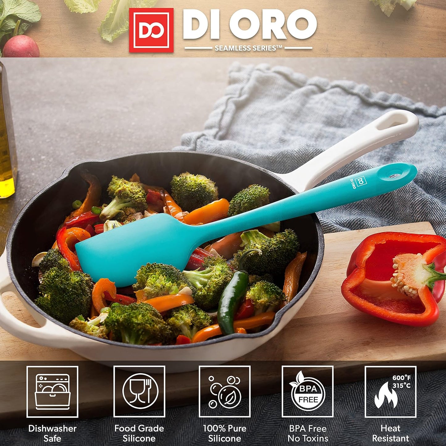 DI ORO Silicone Spatula - 600°F Heat-Resistant Rubber Kitchen Spatula for Baking, Scraping, & Mixing - BPA Free Nonstick Cookware Safe Flexible Utensil for Cooking - Seamless & Dishwasher Safe (Teal)