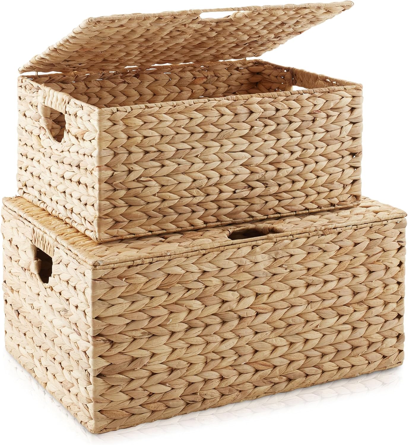 Casafield Set of 2 Water Hyacinth Rectangular Storage Baskets with Lids (Natural - Medium/Large) for Bedroom, Bathroom, Laundry, Home Office