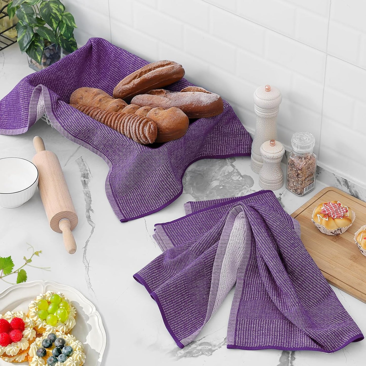 Homaxy Premium Kitchen Towels(18”x 28”, 6 Pack), Large Cotton Kitchen Hand Towels, Flat and Terry Dish Towels, 380 GSM Highly Absorbent Tea Towel Set with Hanging Loop, Purple