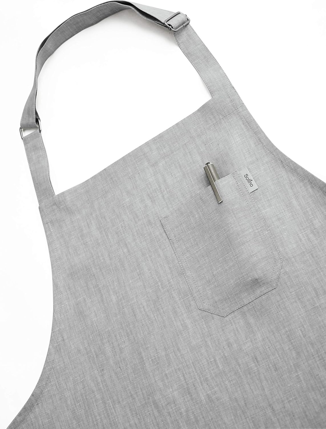 Solino Home Linen Bib Apron for Men & Women - 100% Pure Linen Light Grey Kitchen Apron with Front Pockets - Handcrafted from European Flax