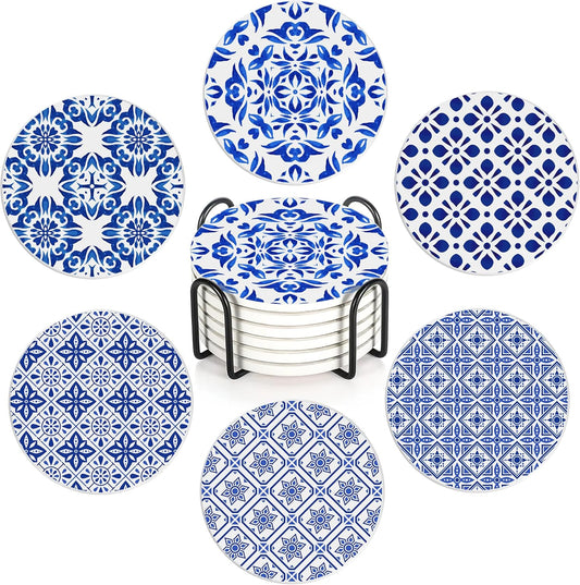 Drink Coasters Set of 6 with Holder, Handpainted Blue Pattern Absorbent Ceramic Coasters with Cork Base,Fit All Cups,Great Gift for Housewarming,Room Decor,Bar,Holiday Party
