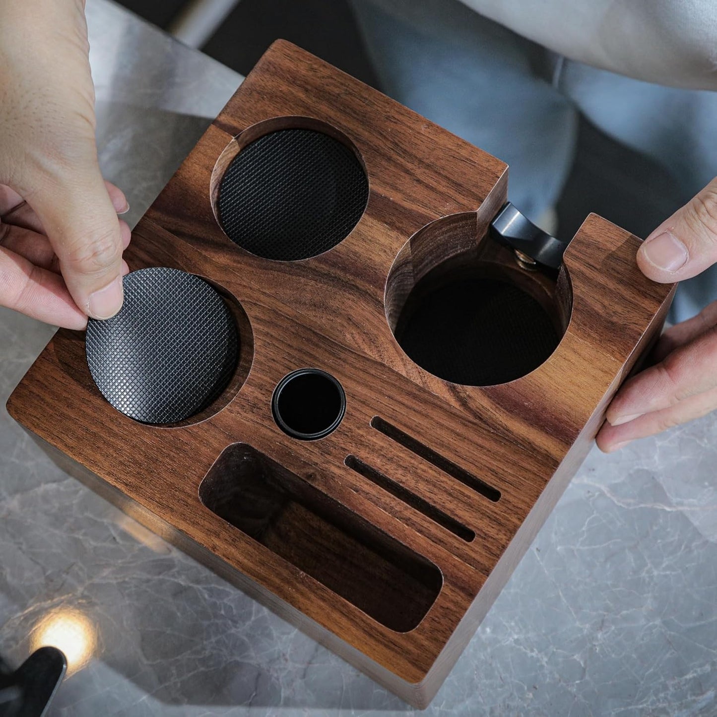58mm Espresso Tamping Kit Walnut Tamper Station and Knock Box for Coffee Grounds Disposal and Tool Organization