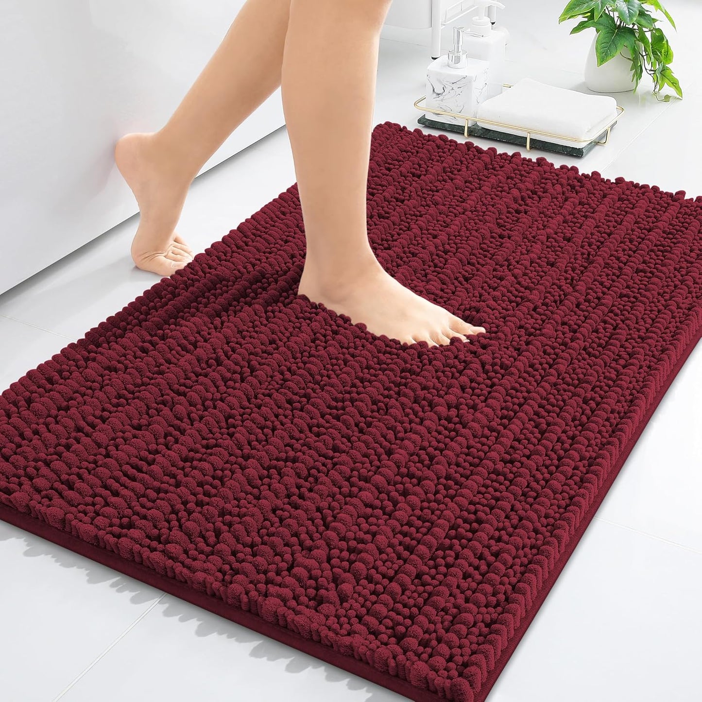 Arotive Luxury Chenille Bathroom Rug Mat, Extra Soft Thick Absorbent Shaggy Bath Rugs, Non-Slip Machine Wash Dry, Plush Bath Mats for Bathroom, Shower and Tub, 24x16, Burgundy