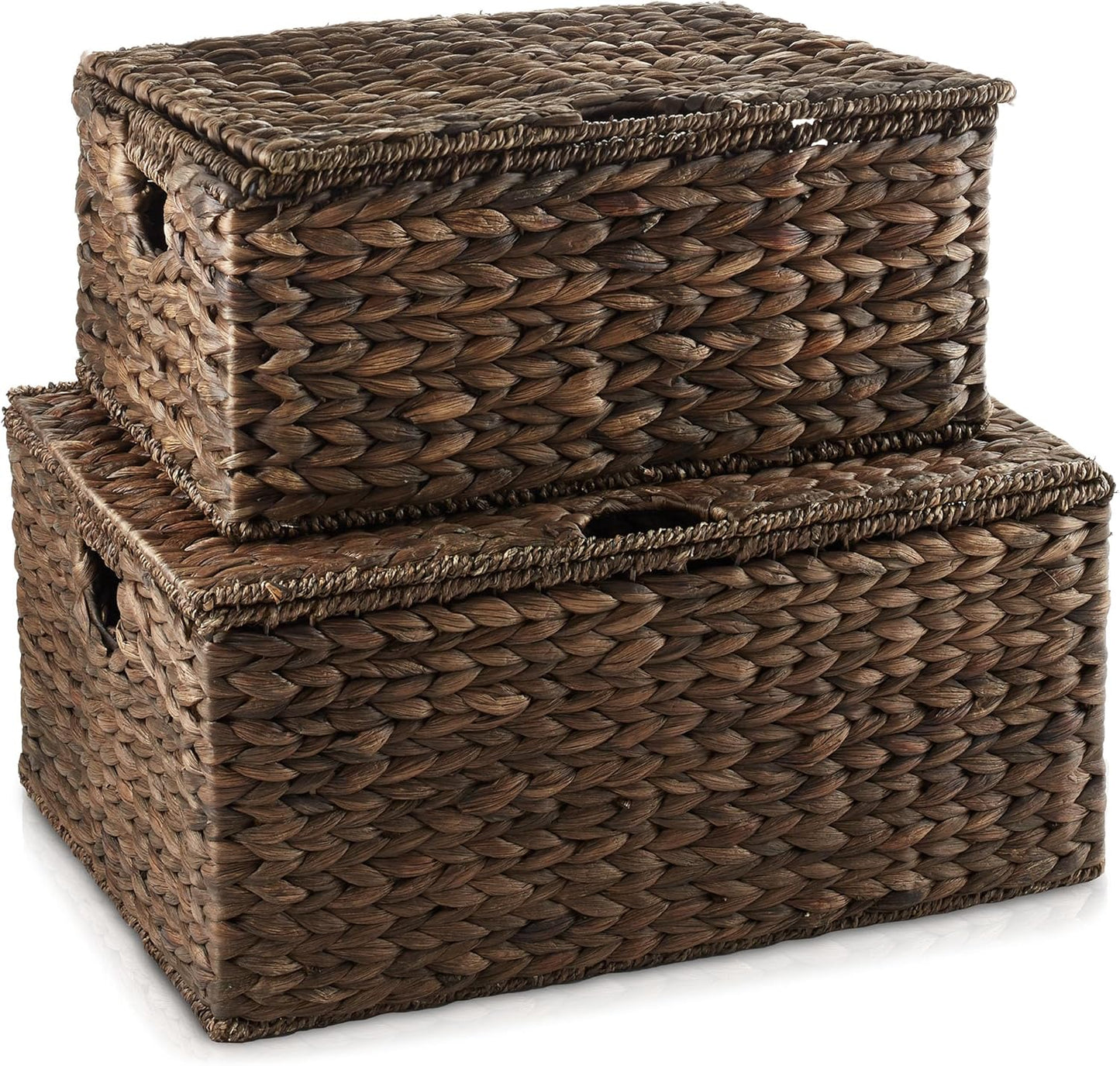 Casafield Set of 2 Water Hyacinth Rectangular Storage Baskets with Lids (Espresso - Medium/Large) for Bedroom, Bathroom, Laundry, Home Office