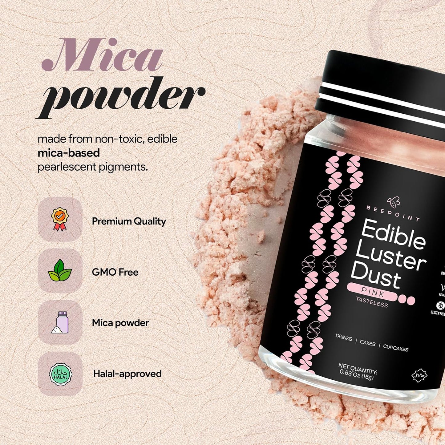 BeePoint Pink Edible Luster Dust 15g - Food Grade, Vibrant Color Shimmer Powdered Dust for Drinks, Cocktails, Cake Decorating, Baking, Chocolates, Candy, Sweets, & Cookies - Vegan & Gluten Free