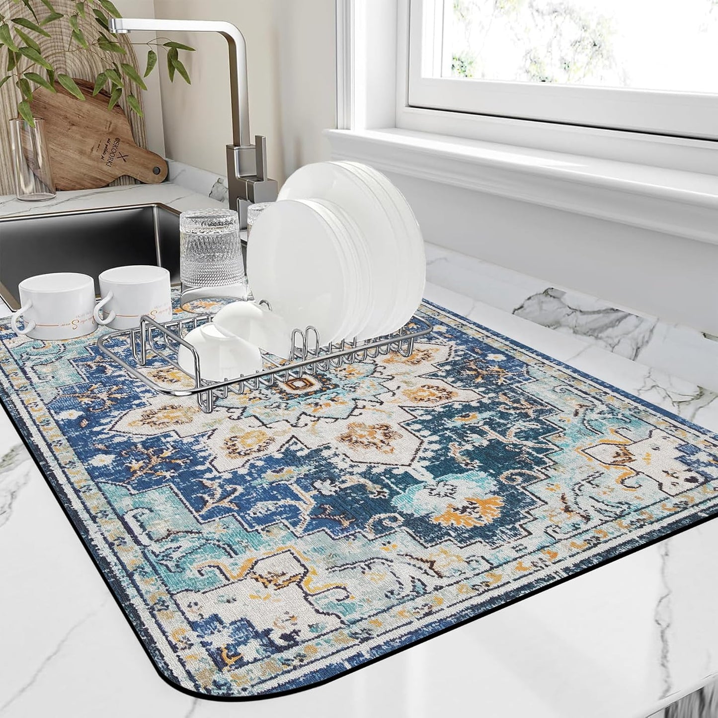 Bohemian Textile Rug Texture Dish Drying Mat,16"X24" Absorbent Fast Dish Drying Mat for Kitchen Counter Pot and Pan, Kitchen Accessories