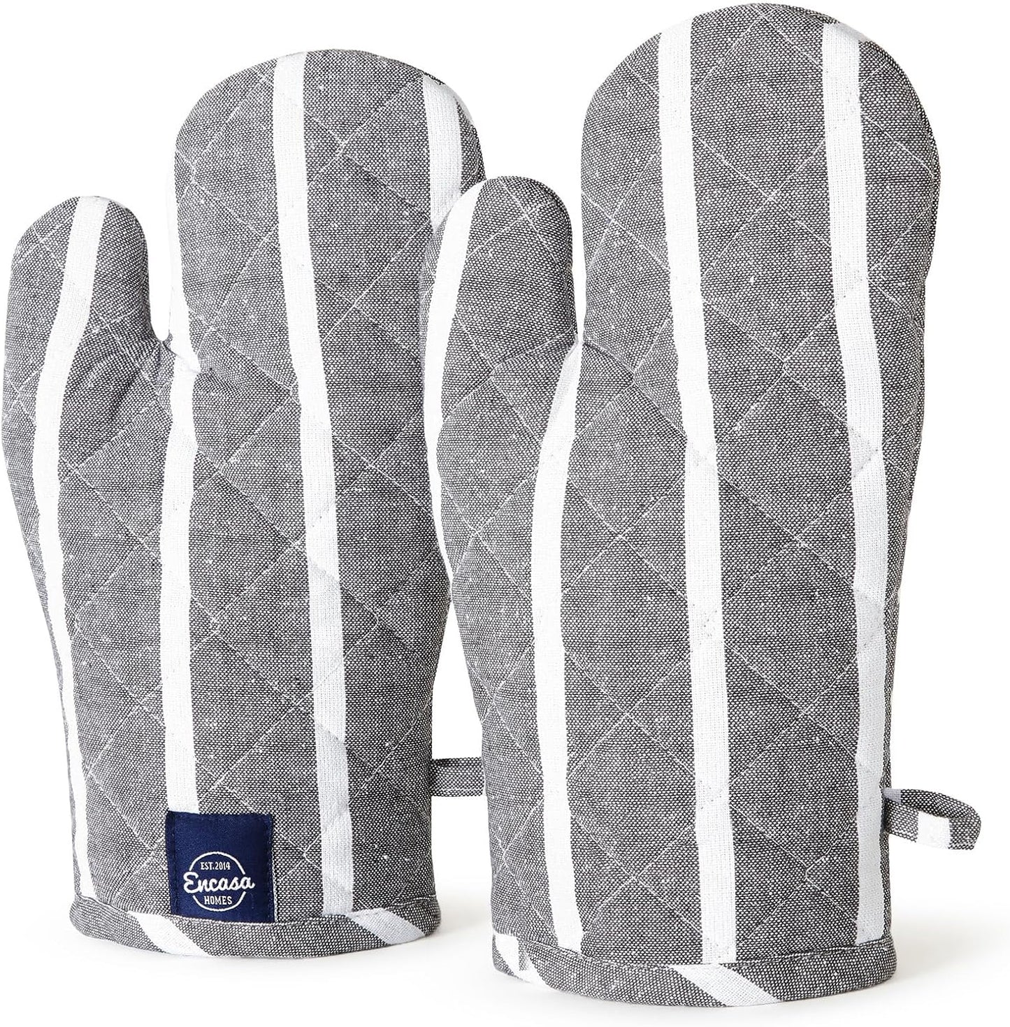 Encasa XO Long 12"x7" Oven Microwave Hand Gloves Mitts (2 pc Set) for Kitchen Cooking & Baking - Heat Resistant, Thick & Safe, Protection of Hands from Hot Utensils - Roma Grey Stripes