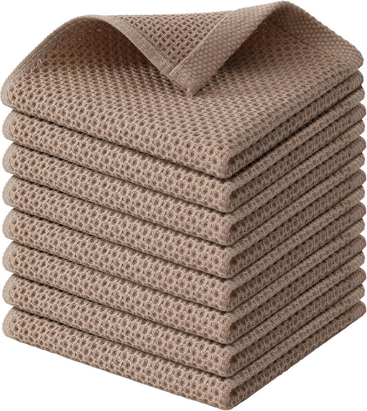 Kitinjoy 100% Cotton Kitchen Dish Cloths, 8 Pack Waffle Weave Ultra Soft Absorbent Towels for Drying Dishes, Quick Drying Kitchen Rags, 12 X 12 Inches, Tan