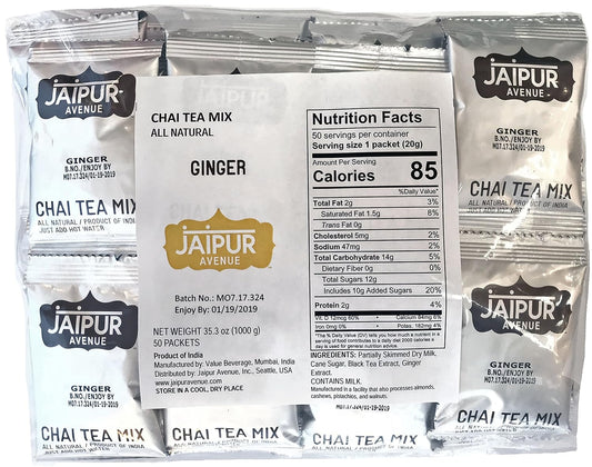 Jaipur Avenue Ginger Chai Tea Mix Crafted with All-Natural Assam Black Tea, Ginger, Cane Sugar, and Premium Dry Milk - Preservative-Free, Gluten-Free, Authentic Indian Chai Tea Latte (50-Count Bag)