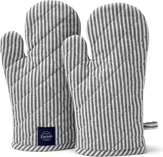 Encasa Homes Long 12"x7" Oven Microwave Hand Gloves Mitts (2 pc Set) for Kitchen Cooking & Baking - Heat Resistant, Thick & Safe, Protection of Hands from Hot Utensils - Ticking Black