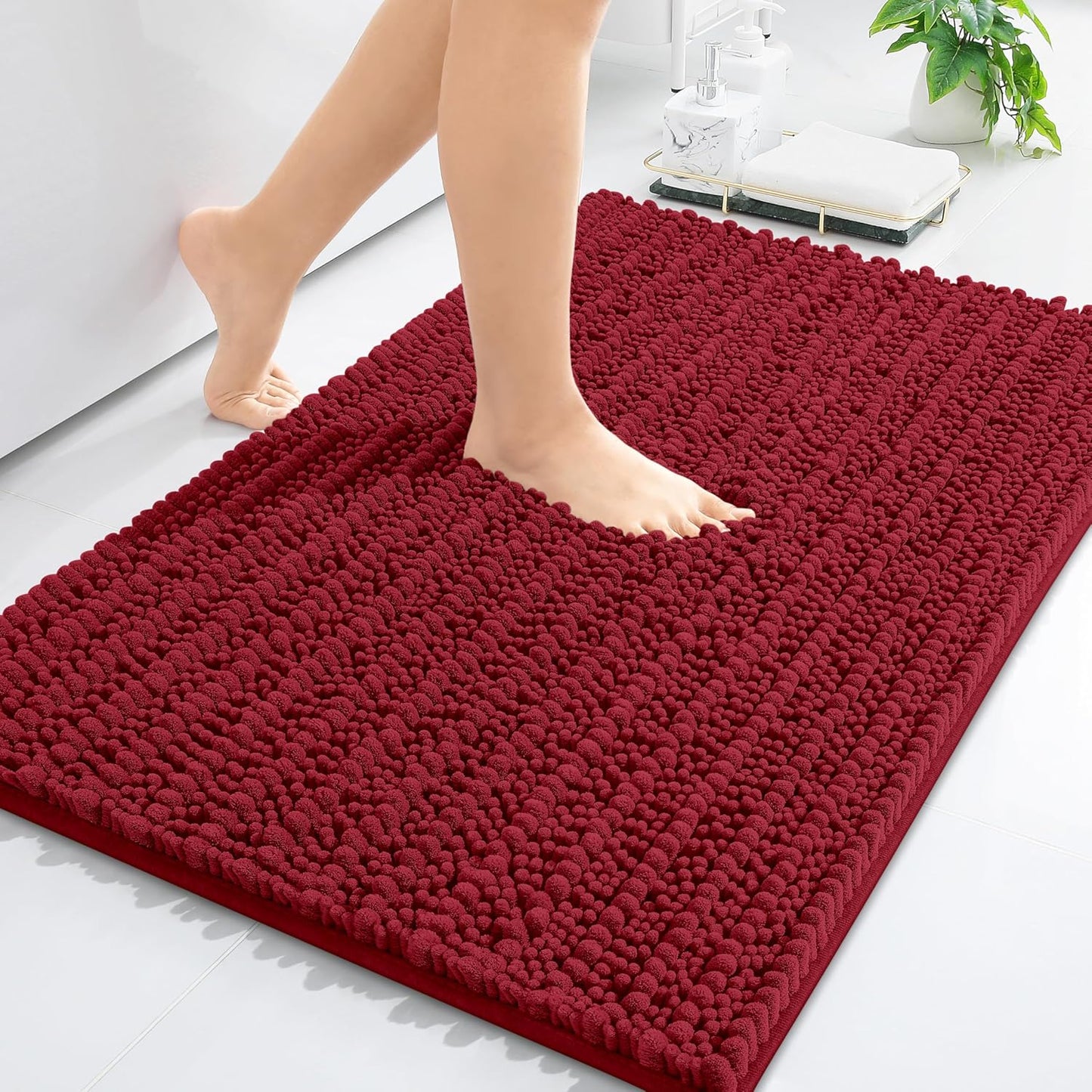 Arotive Luxury Chenille Bathroom Rug Mat, Extra Soft Thick Absorbent Shaggy Bath Rugs, Non-Slip Machine Wash Dry, Plush Bath Mats for Bathroom, Shower and Tub, 30x20, Red