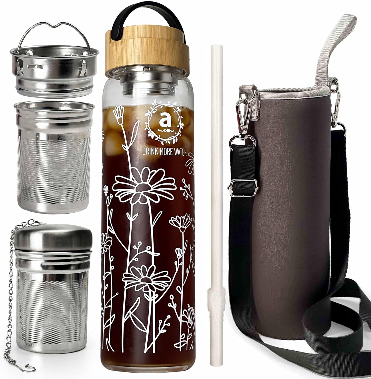 32oz Borosilicate Glass Water Bottle with Bamboo Lid and 2 Tea Infuser Sets for Fruit Infused Water and Cold Brew Coffee - Tea Strainer for Loose Leaf Tea (Flower)
