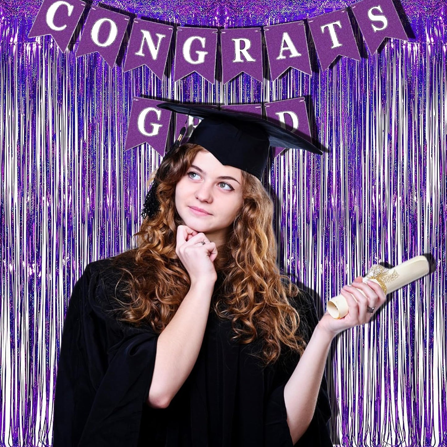 BRAVESHINE Purple Tinsel Foil Fringe Curtains - 2Pcs 3.2x8.2ft Metallic Holidays Photo Backdrop for Halloweens Birthdays Valentine's Bridal Shower Bachelorette Anniversary Engagement Party Supplies