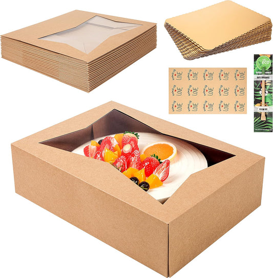 (15 Pack) Cake Boxes with Cake Boards INCLUDED – Easy-Assembly, 14 x 10 x 4 Inch, Dessert Boxes with Window, Stickers – Store & Sell Cakes, Cupcakes, Muffins, & Donuts in Bakery Boxes