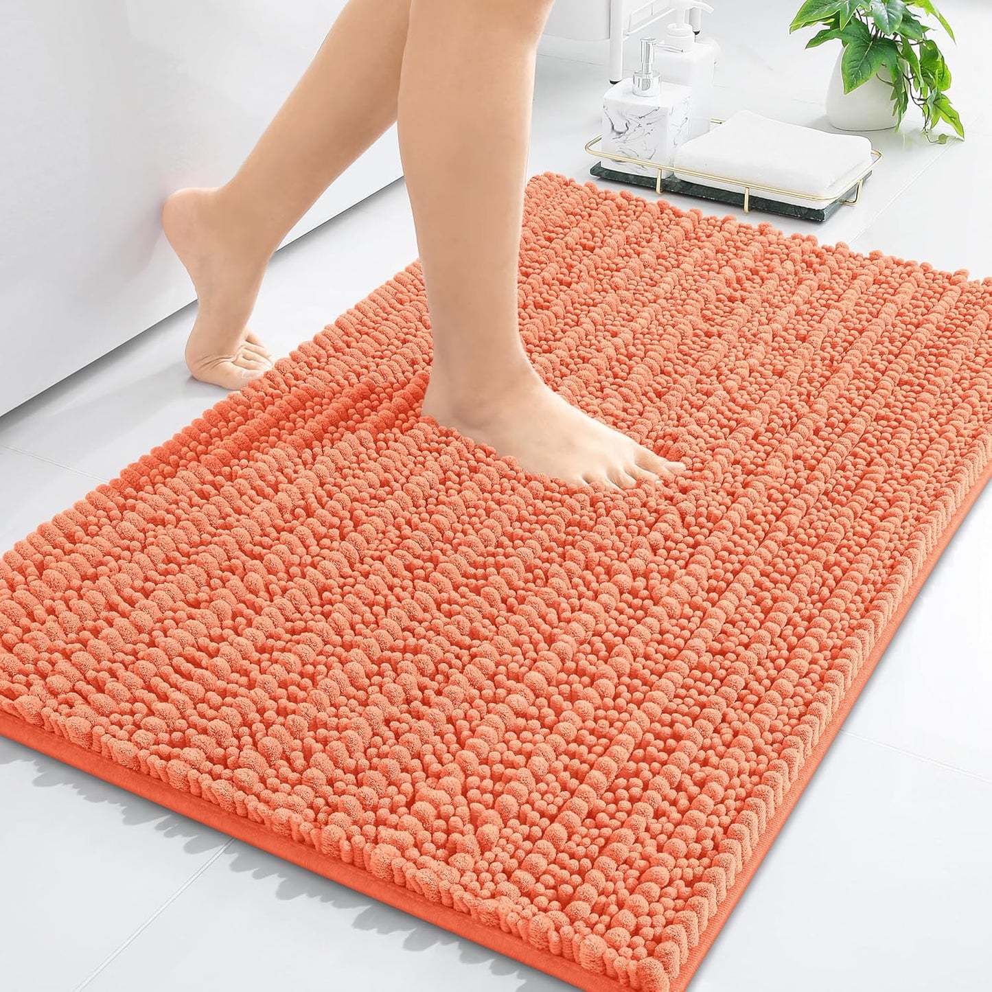 Arotive Luxury Chenille Bathroom Rug Mat, Extra Soft Thick Absorbent Shaggy Bath Rugs, Non-Slip Machine Wash Dry, Plush Bath Mats for Bathroom, Shower and Tub, 36x24, Coral