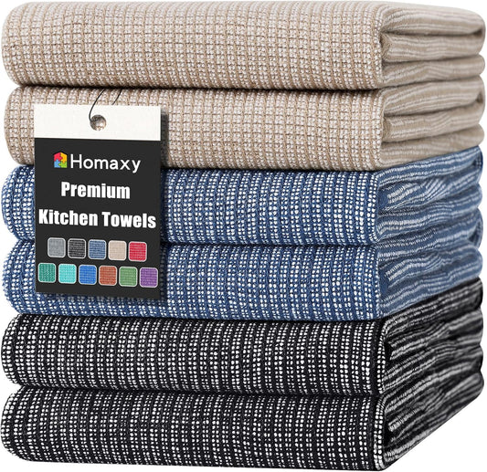 Homaxy Premium Kitchen Towels(18”x 28”, 6 Pack), Large Cotton Kitchen Hand Towels, Flat and Terry Dish Towels, 380 GSM Highly Absorbent Tea Towel Set with Hanging Loop, Navy Blue/Khaki/Black