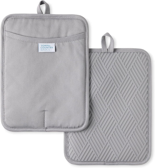 TOWN & COUNTRY BASICS Basketweave Soft Silicone Pot Holder 2-Pack Set, Heat Resistant up to 500F, Flexible Silicone, Non-Slip Grip, Grey, 7.5"x10"