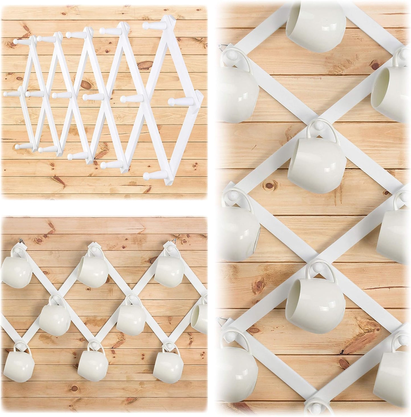 Dseap Accordian Wall Hanger: 16” High Wooden Wall Expandable Coat Rack, Hat Rack Holder, Accordion Hook for Baseball Caps, Coats, Mugs, 16 Peg Hooks, White