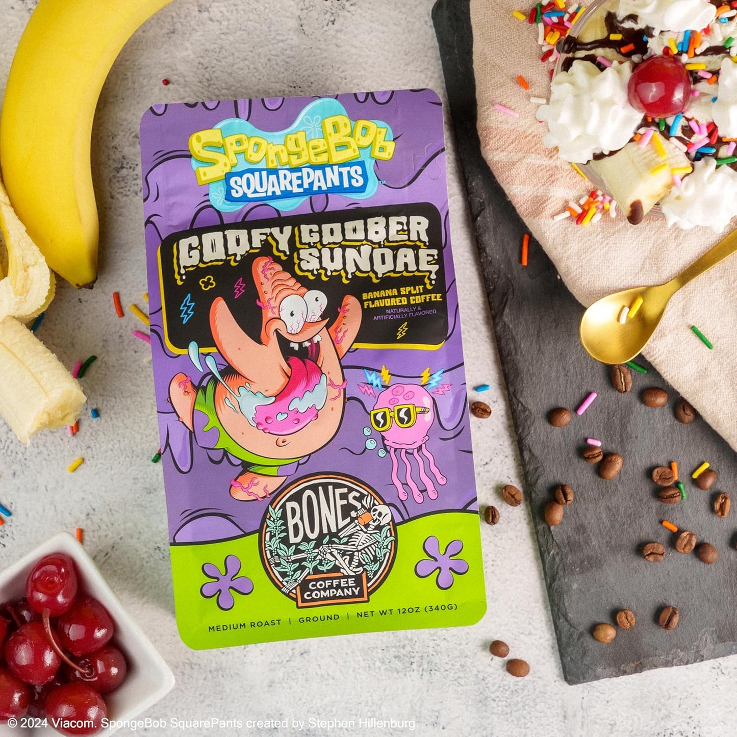 Bones Coffee Company Spongebob Goofy Goober Sundae, Banana Split Flavored Coffee, Medium Roast Low Acid Arabica Beans Compatible with Auto drip and French Press Coffee Maker, 12 Oz Whole Bean