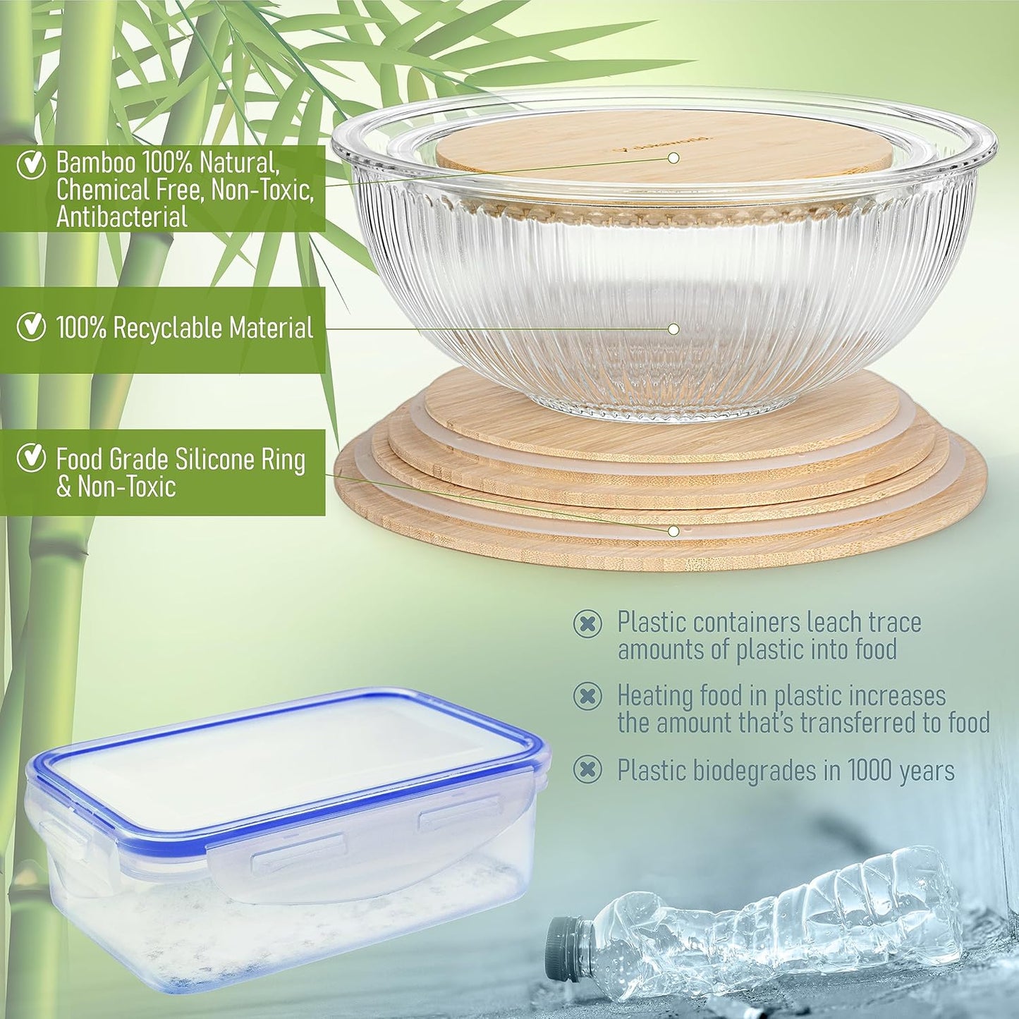Stackable Space-Saving Nesting Set of 3 Glass Bowls with Bamboo Lids for Foodprep, Storage, Mixing & Cooking - Microwave & Oven Safe BPA Free Durable Heat Resistant Inert Borosilicate Glass