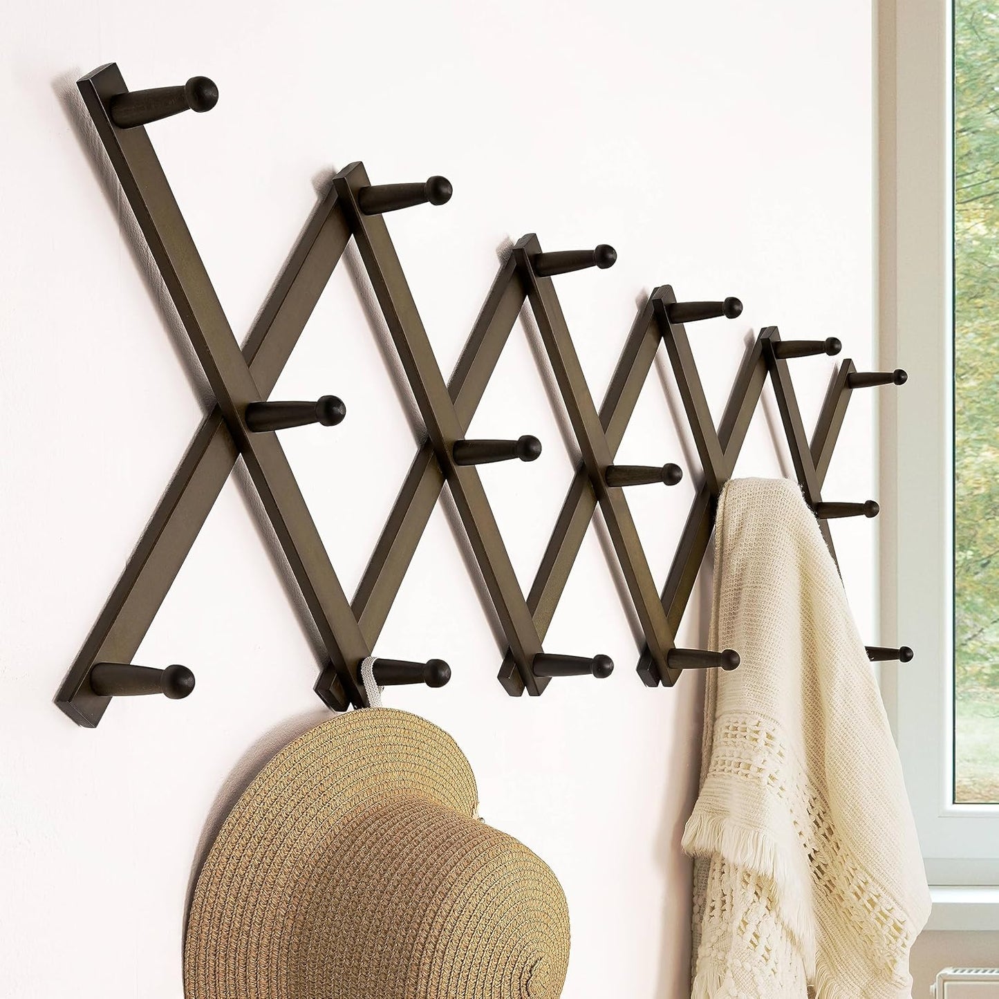 Dseap Accordion Wall Hanger: 16'' High Wooden Wall Expandable Coat Rack,Hat Rack Holder,Accordion Hook for Baseball Caps,Coats,17 Peg Hooks,Dark Walnut