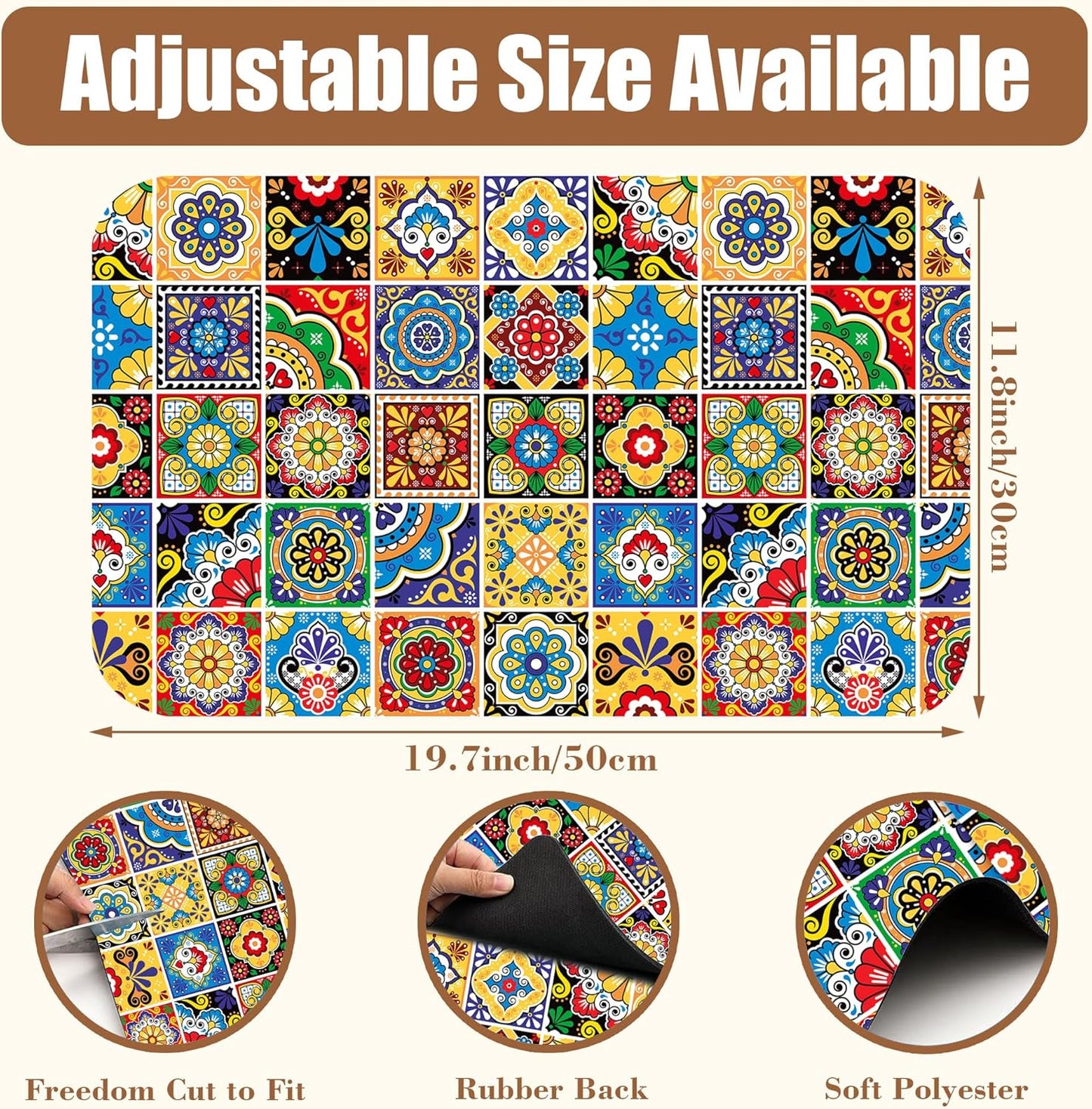 Talavera Mexican Tiles Dish Drying Mat for Kitchen Counter Bar Mat Hide Stain Absorbent Rubber Backed Coffee Mat Maker Espresso Machine Bar Accessories 11.8 x 19.7 Inch