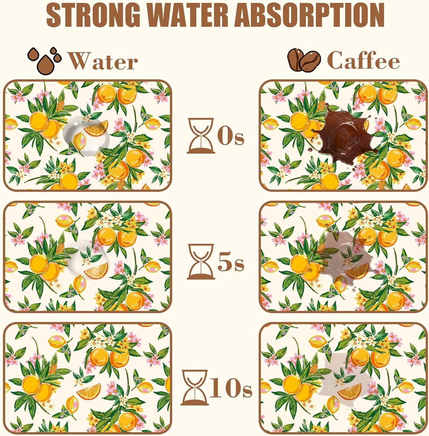 Dish Drying Mat Orange Fruit Floral Coffee Bar Mat for Countertop Absorbent Hide Stain Rubber Backed Dish Drainer Rack Pad Espresso Machine Dining Room Decoration 11.8 x 19.7 Inch