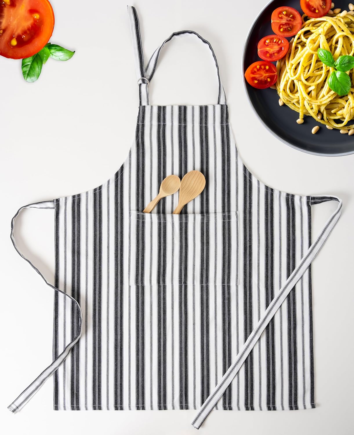 Cotton Professional Apron For Kitchen – 28 x 32 Inches – For Women & Men – Useful When Cooking, Baking, Gardening – Adjustable Strap Around Waist & Neck With Pockets Black Stripes