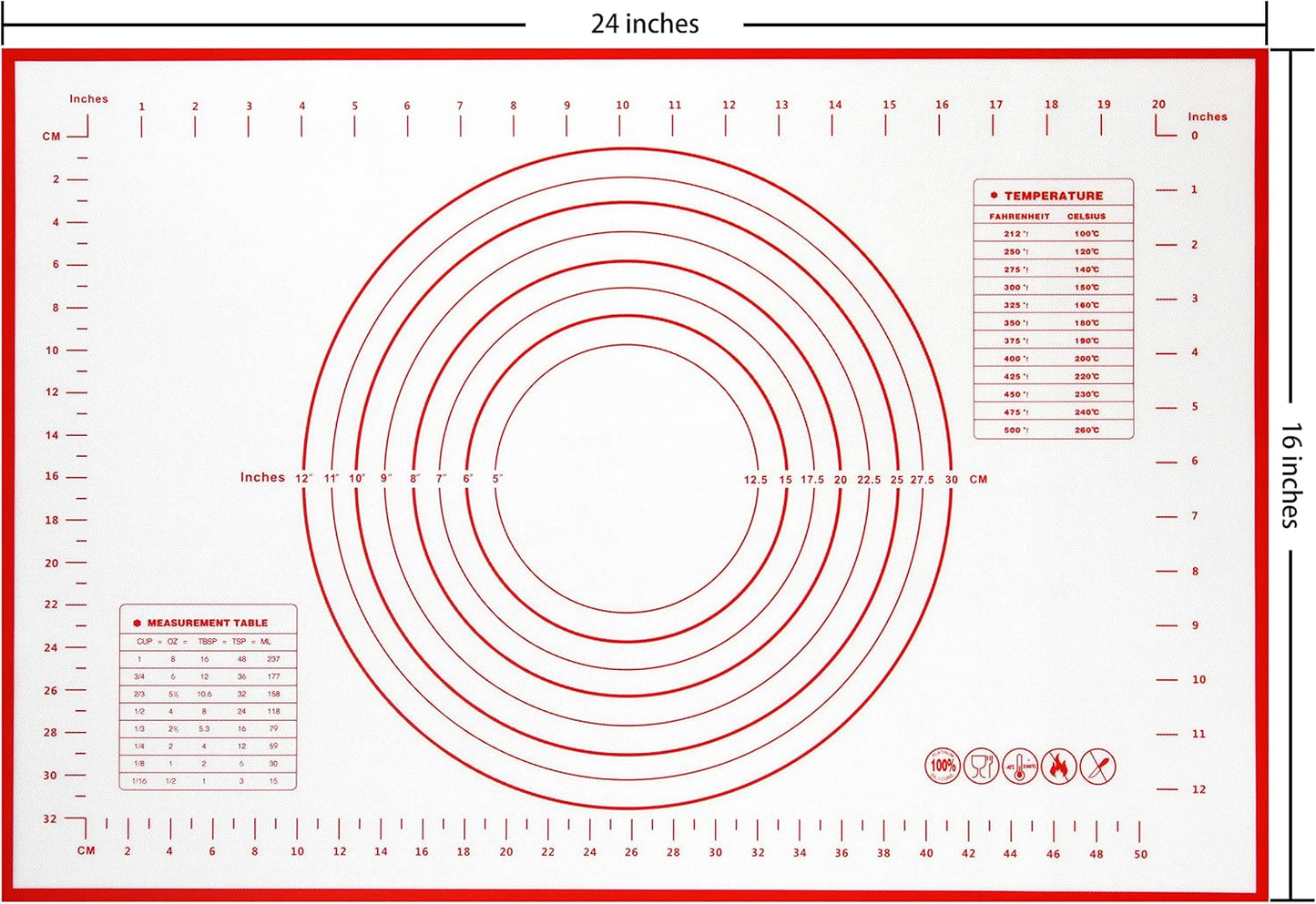 Yansumi silicone pastry non stick baking mat with measurement fondant mat with three sizes for silicone baking mat, counter mat, dough rolling mat,fondant/pie crust mat. (L,24"L x 16"W,Red)