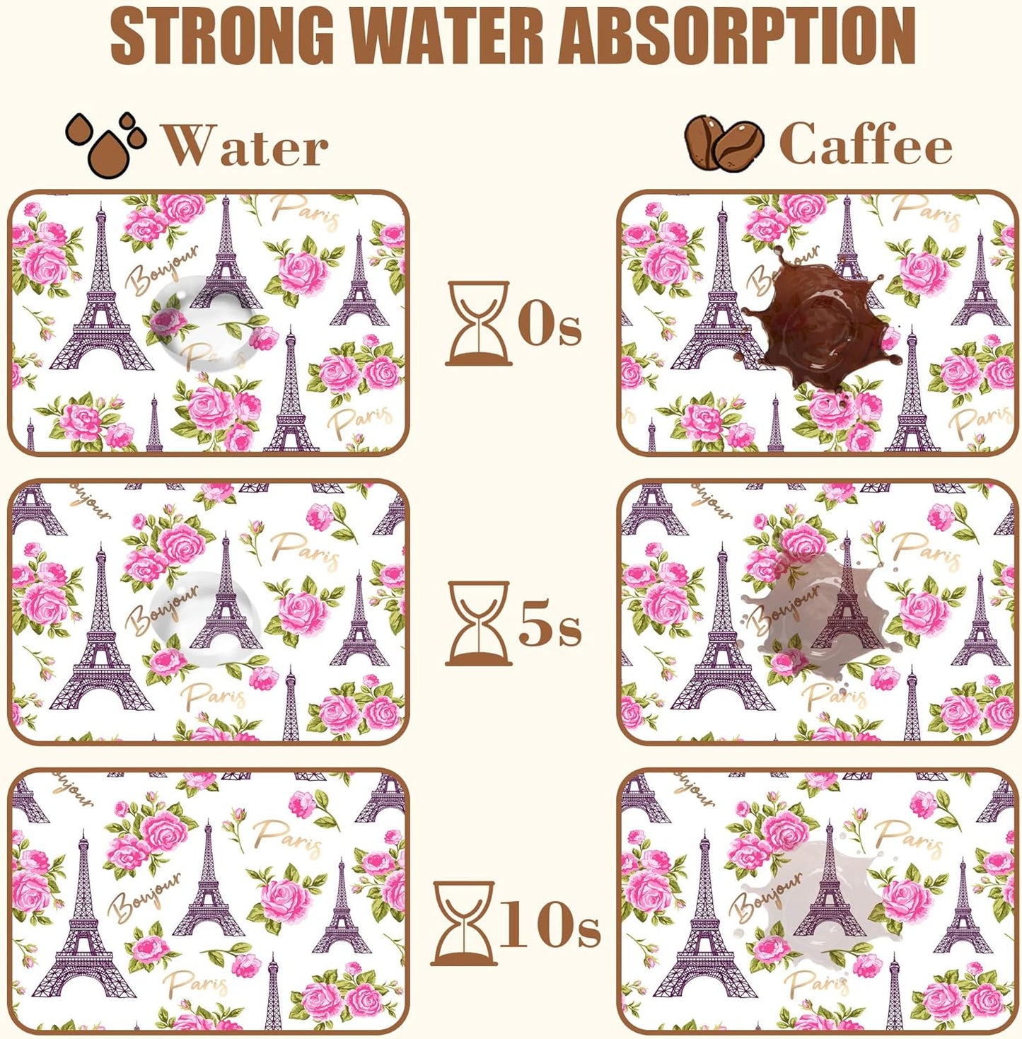 Eiffel Tower with Pink Rose Coffee Mat Absorbent Dish Drying Mat for Kitchen Counter Hide Stain Rubber Backed Coffee Bar Accessories Fit Under Espresso Machine Dish Drainer 11.8 x 19.7 Inch