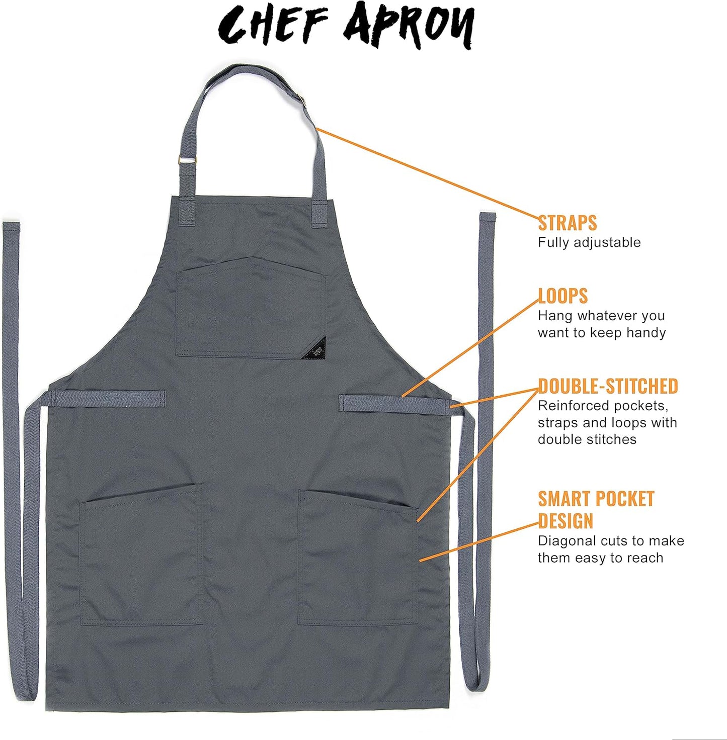 Under NY Sky Chef Apron – Professional Gray Twill – Cotton Straps - Smart Pockets - Adjustable for Men and Women – Pro Chef, Cook, Kitchen, Baker, Barista, Bartender, Server Aprons