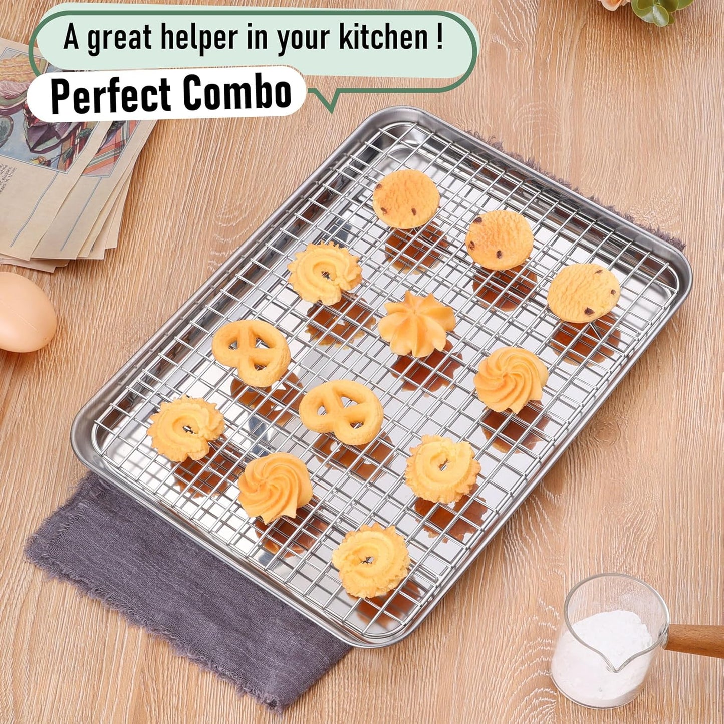 Baking Sheet with Wire Rack Set, Homikit Stainless Steel Quarter Sheet Pan with Grid Cooling Rack for Toaster Oven Roasting, Metal Bacon Cookie Trays Nonstick Jelly Roll Pan, 12" x 10" x 1 Inch