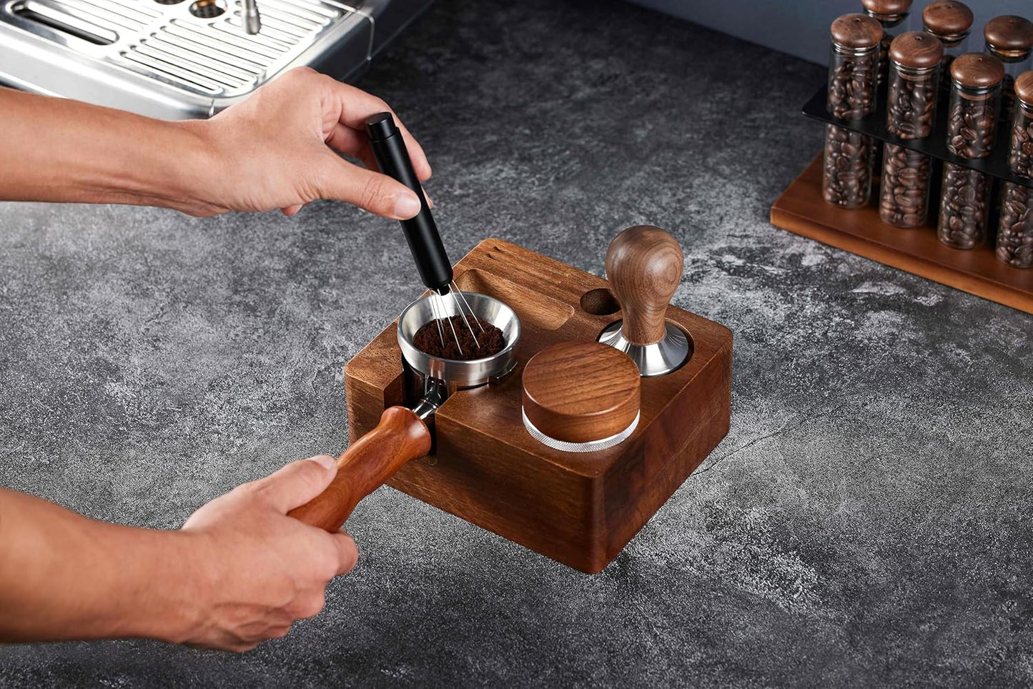 54mm distributor called Adjustable Depth espresso leveler Compatible with Breville Machine Accessories The coffee leveler Made of Stainless Steel and Walnut wood