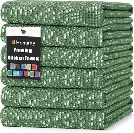 Homaxy Premium Kitchen Towels(18”x 28”, 6 Pack), Large Cotton Kitchen Hand Towels, Flat and Terry Dish Towels, 380 GSM Highly Absorbent Tea Towel Set with Hanging Loop, Grass Green
