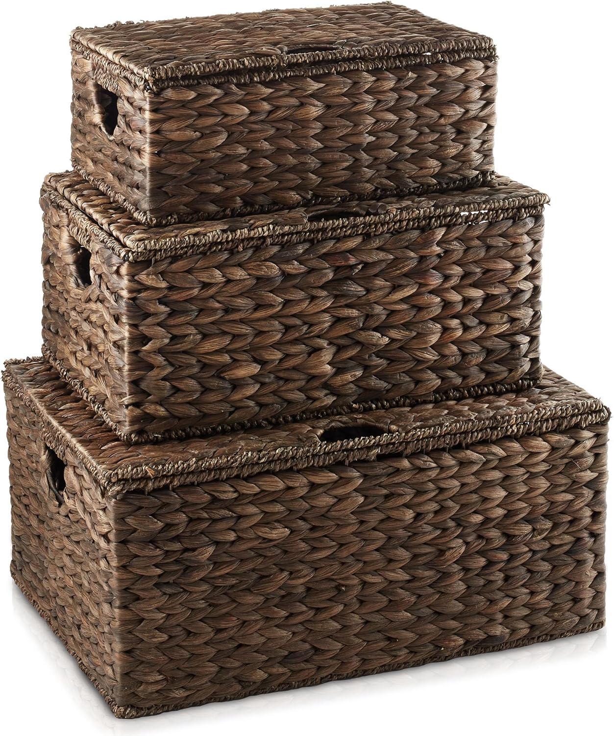 Casafield Set of 3 Water Hyacinth Rectangular Storage Baskets with Lids (Espresso - Small/Medium/Large) for Bedroom, Bathroom, Laundry, Home Office