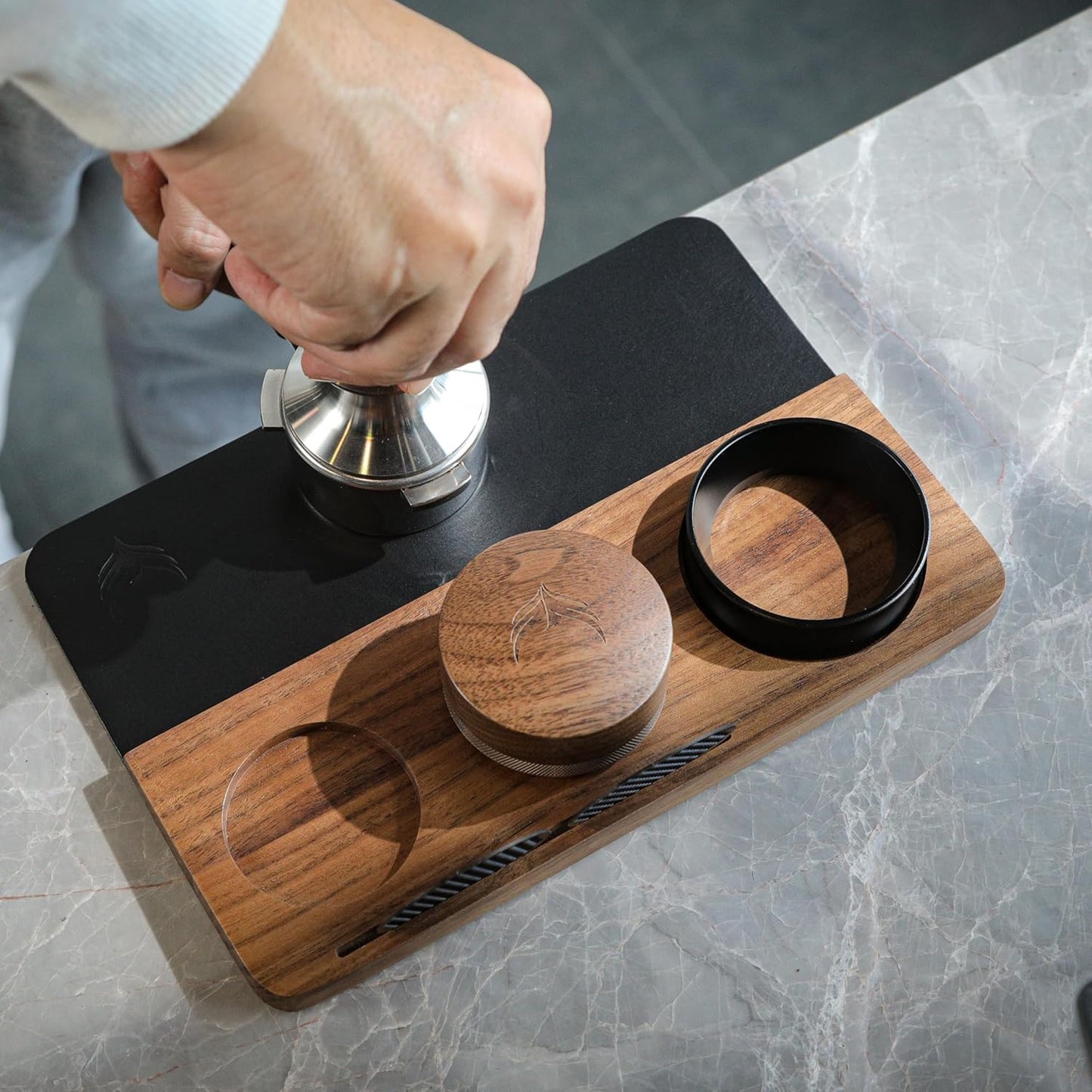 58mm Tamping Mat for Counter Walnut Wood Leather Tamper Station with Multi-Slot Design Premium Espresso Machine Accessories Organizer