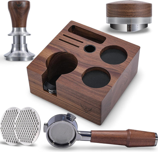 Breville Espresso Machine Accessories Kit 54mm – Walnut Naked Portafilter, Calibrated Tamper, Tamping Station, Distributor & Puck Screens Espresso Set for Barista Express, Pro, Touch, Bambino