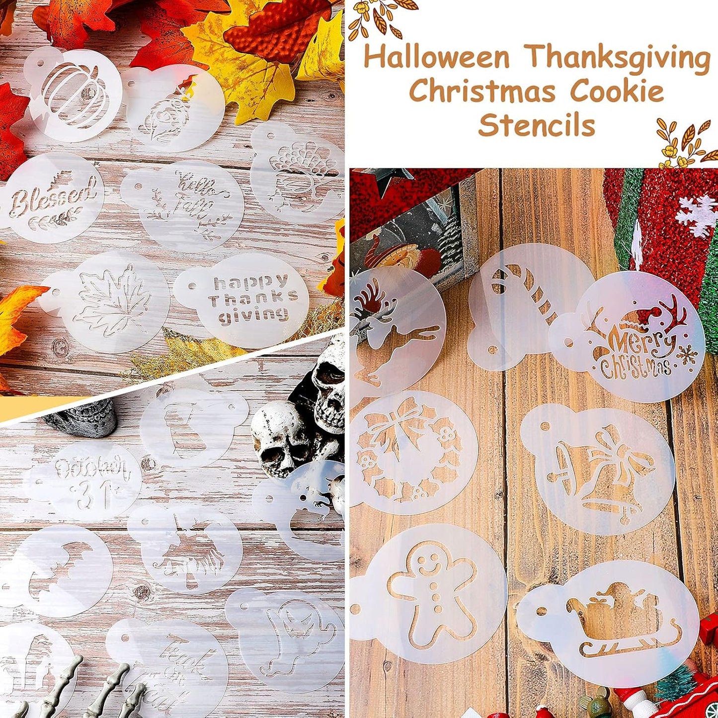 Marspark 30 Pieces Holiday Cookie Coffee Stencils Latte Art Halloween Thanksgiving Christmas Cookie Baking Stencils Templates Decoration for Cake Bread Decor, Reusable Sourdough Painting Mold Tools