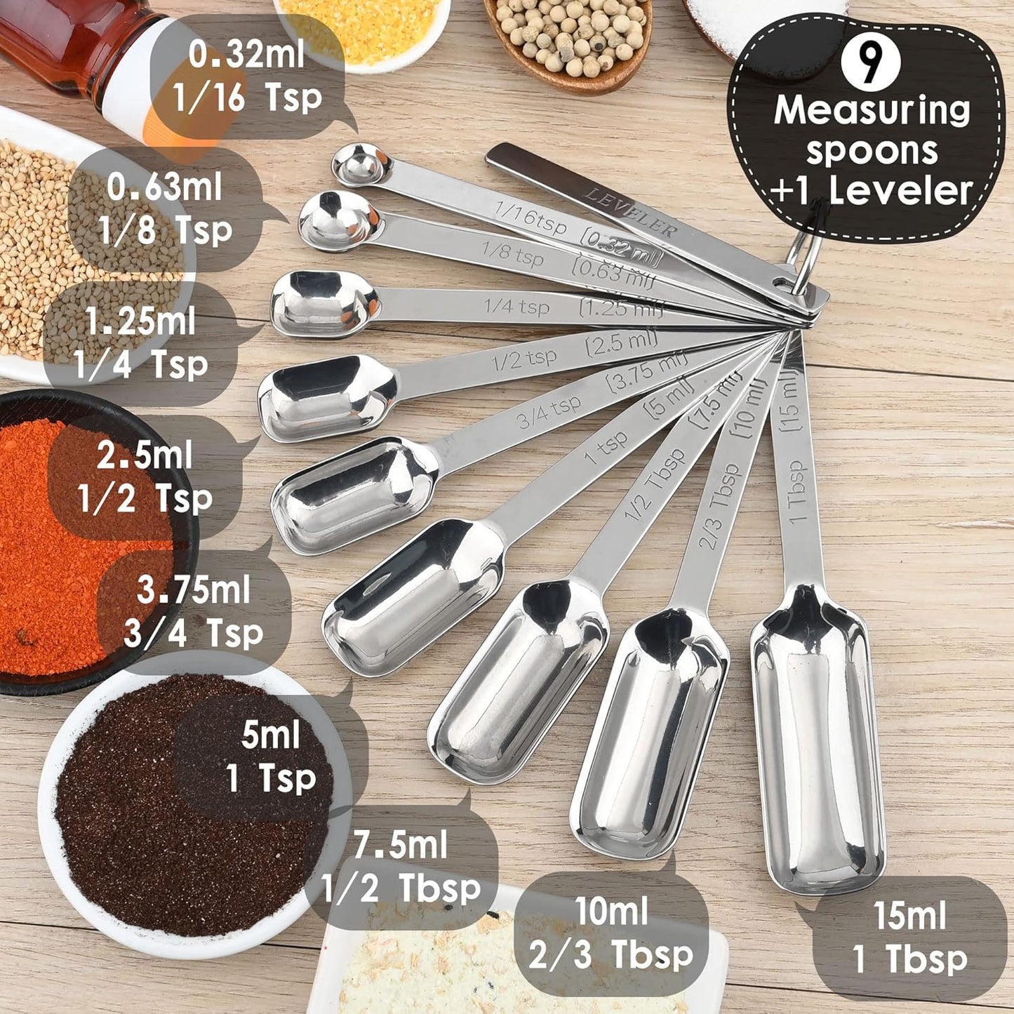 Stainless Steel Measuring Spoons - 10 Piece Set, Metric & US, Long Handle, Ideal for Kitchen & Baking, Includes 1/16Tsp & 2/3Tbsp for Spice Jars