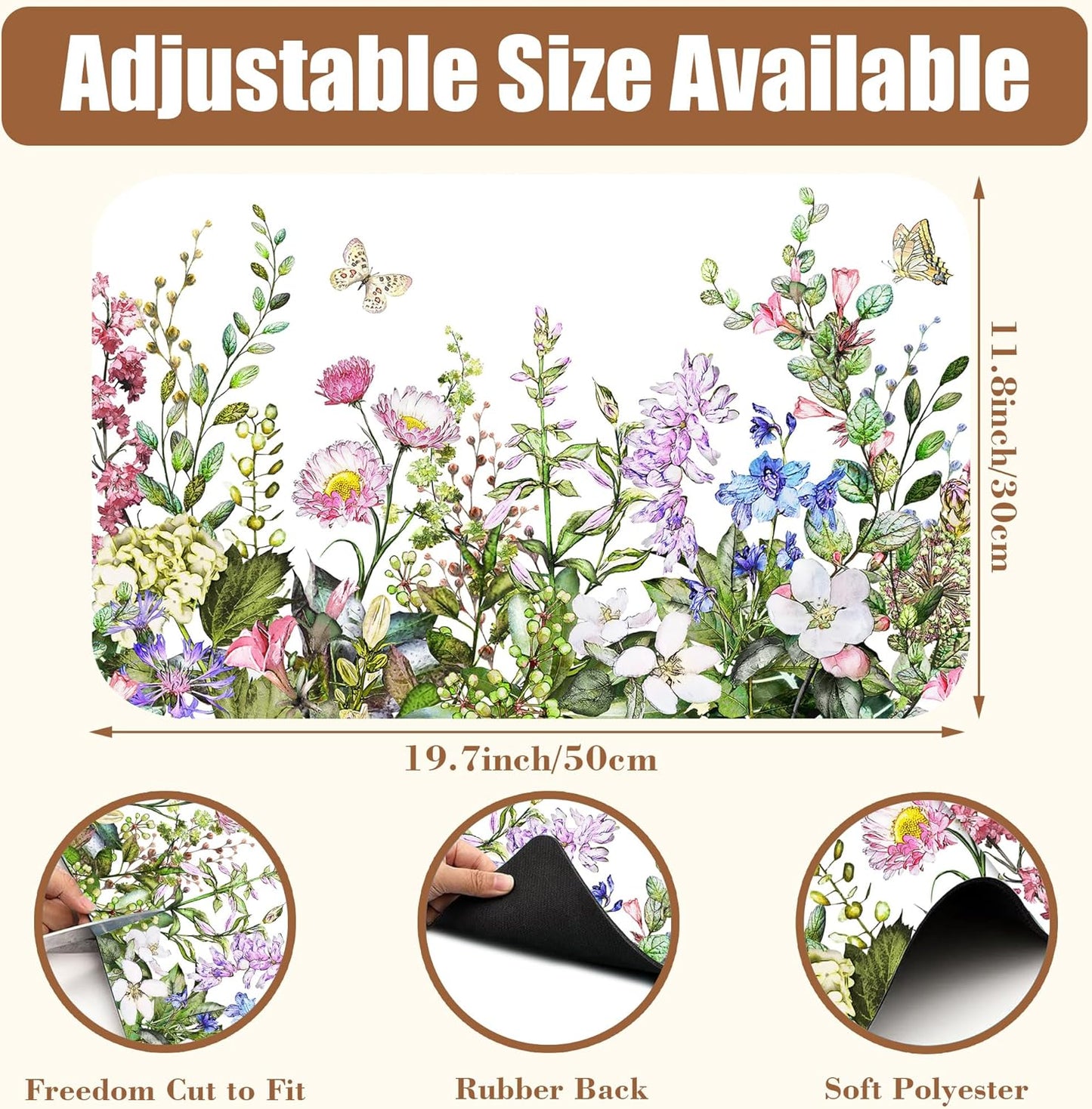 Watercolor Flower and Butterfly Dish Drying Mat for Kitchen Counter Absorbent Coffee Mat with Hide Stain Rubber Backed Espresso Machine Coffee Bar Accessories 11.8 x 19.7 Inch