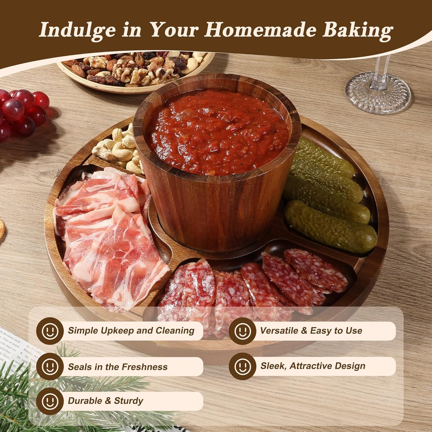 Bellsal Acacia Wood Cake Stand with Lid - 12in Round Cake Holder, 2-in-1 Dessert Table Display Set & Charcuterie Board for Cheese, Chips & Dips, Nachos, Fruit Platter, Large Acrylic Cake Dome Cover