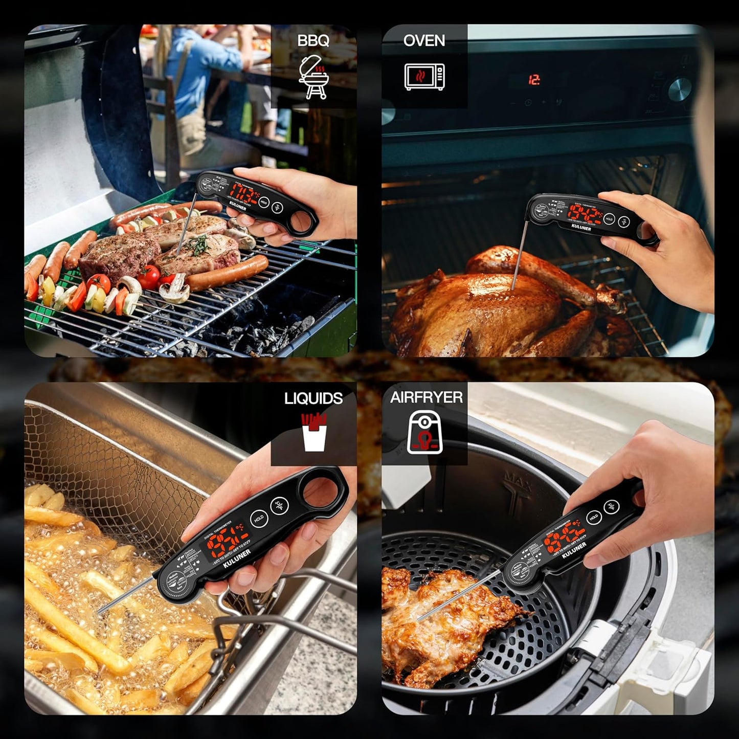 1-Second Rapid and Accurate Meat Thermometer - Waterproof Multifunctional Kitchen Food Thermometer, Ideal for Frying, Smoking, Grilling and More (Black)