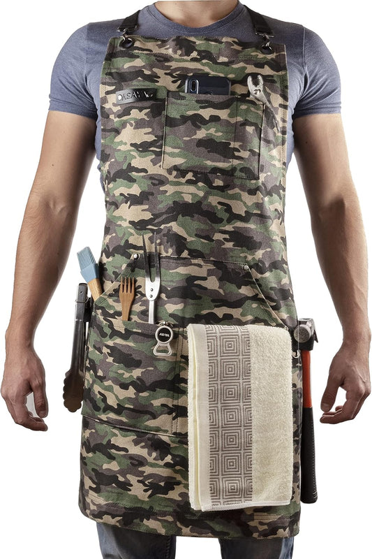 Asaya Chef and BBQ Apron with Bottle Opener and Hand Towel - 10oz Cotton Canvas, Stainless Steel Hardware - Cross Back Straps