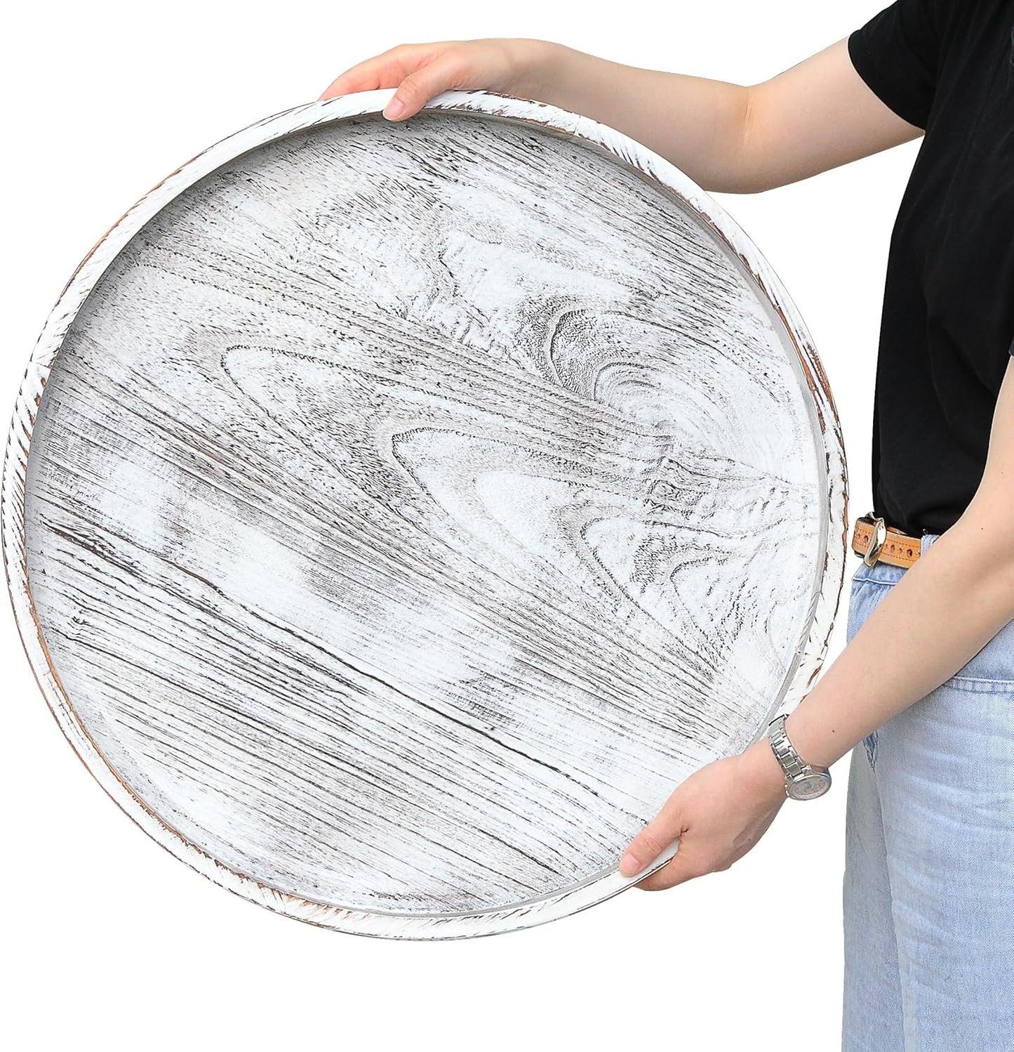 Extra Large Round Ottoman Table Tray Round-24 - Rustic Wooden Serving Tray for Farmhouse Decorative Oversized Coffee Table Trays Living Room Kitchen Counter Breakfast Whitewash