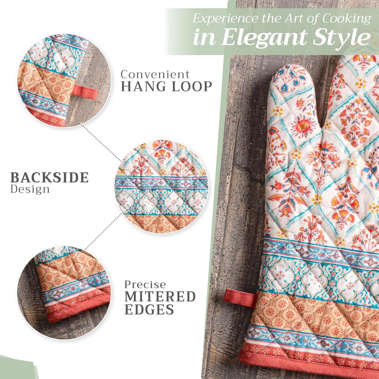 Maison d' Hermine Oven Gloves 100% Cotton Oven Mitt 7" x 13" with Loop Heat Resistant, BBQ, Cooking Gloves, Baking, Grilling, Kitchen, Handling Hot Pans (Pack of 1, Romane)